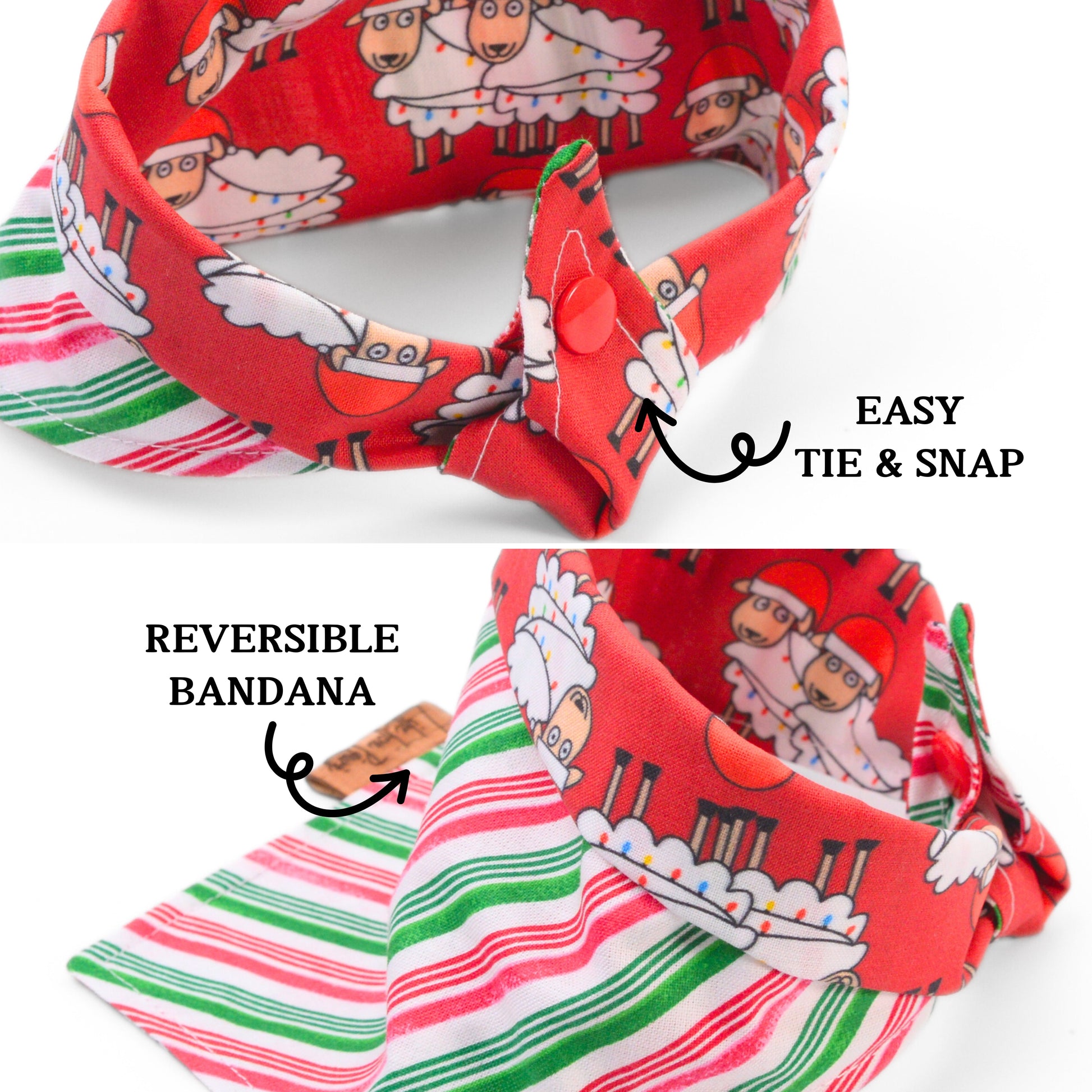 Tie and Snap Christmas Sheep & Stripes Tie & Snap Bandana by Life for Pawz – Handmade for pets