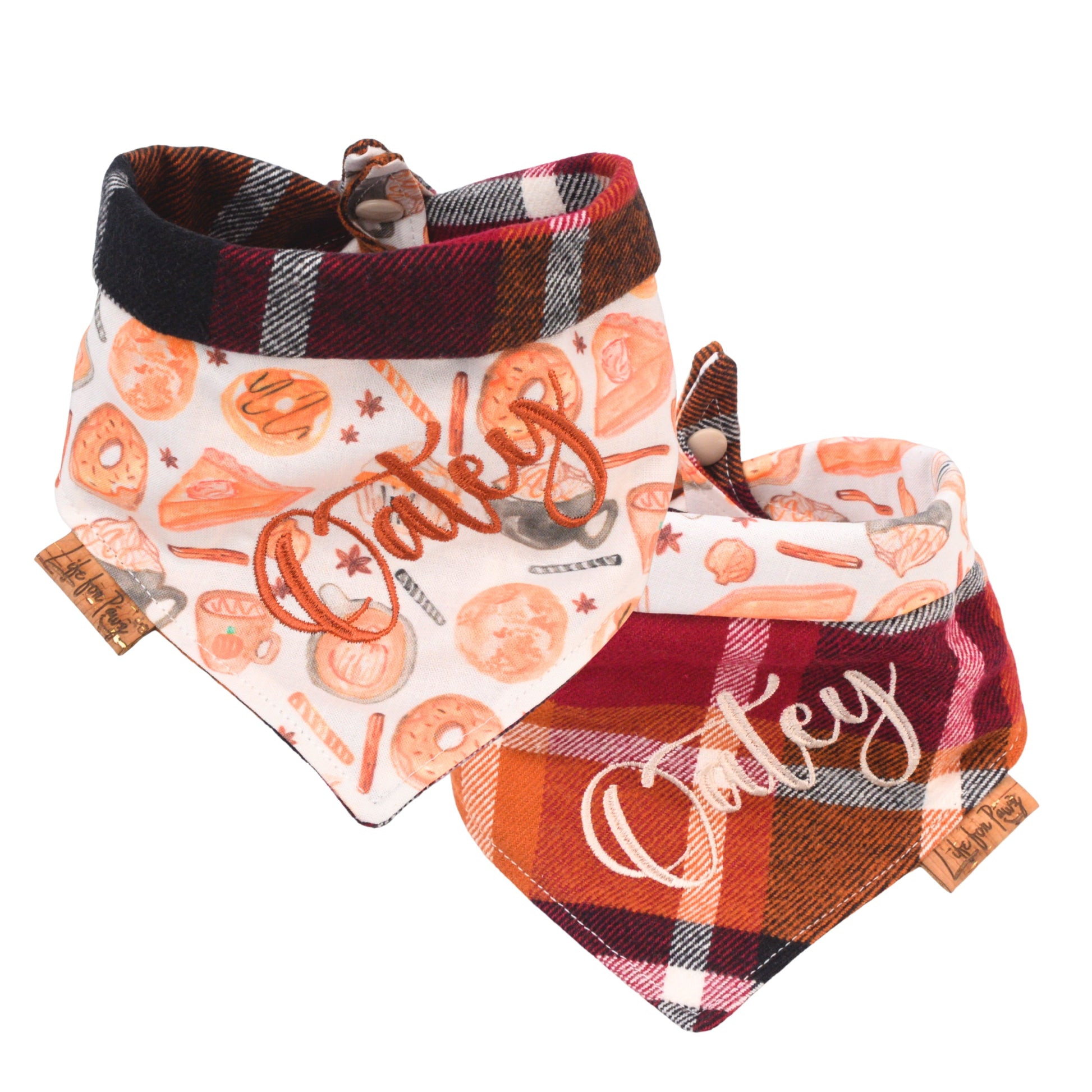 Tie and Snap Fall Treats & Plaid Tie & Snap Bandana by Life for Pawz – Handmade for pets