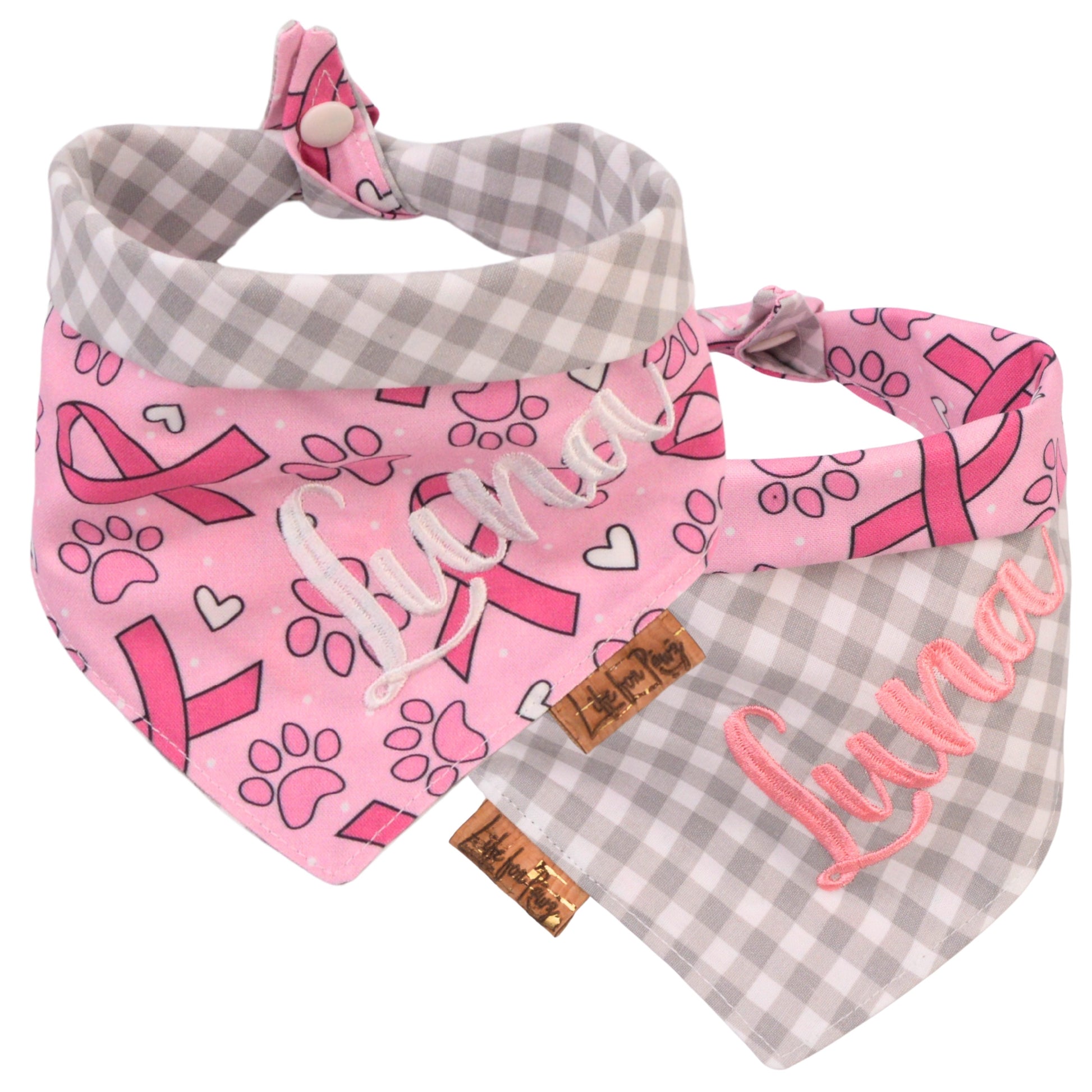 Tie and Snap Pink Ribbon Tie & Snap Bandana by Life for Pawz – Handmade for pets