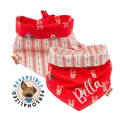 Dog bandana Christmas Dog Bandana - Christmas Reindeer Dog Bandana - Reversible-Tie & Snap - Gift for Dog Lover - Personalized - Embroidered - Pet Name - Life for Pawz -