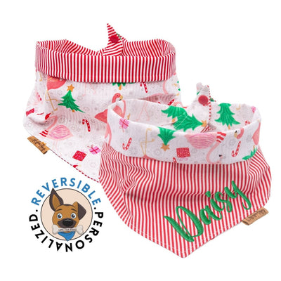 Dog bandana Christmas Dog Bandana - Flamingos Bandana - Reversible-Tie & Snap - Gift for Dog Lover - Personalized - Embroidered - Pet Name - Life for Pawz -