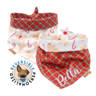 Dog bandana Christmas Dog Bandana - Gingerbread Cookies Bandana and Candy Canes - Reversible-Tie & Snap - Gift for Dog Lover- Personalized - Embroidered - Life for Pawz -