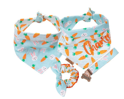 Dog bandana Easter Dog Bandana with Key Chains and Scrunchies - Reversible Design with Carrots and Easter Rabbits, Personalized - Life for Pawz - Reversible Dog Bandana