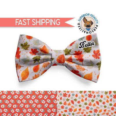 Fall-Inspired Latte Fabric Dog Bow Tie | Autumn Pet Accessory, dog collar bow, slide-on bow for dog collar - autumn leaves