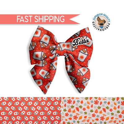 Dog bandana Fall-Inspired Latte Fabric Dog Lady Bow Tie | Autumn Pet Accessory, dog collar bow, slide-on bow for dog collar - autumn leaves - Life for Pawz -