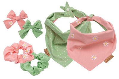 Pink Daisy Reversible Dog bandana and scrunchies set - Life for Pawz
